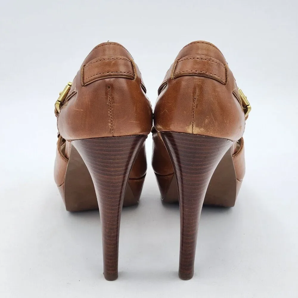 Michael Kors Logo Buckle Leather Peep Toe Platform Heels Brown Gold Size 9.5